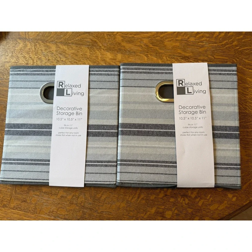 NEW 2 Relaxed Living Storage Bins 10.5 x10.5 x 11 Gray‎ Stripes Organizers Shelf